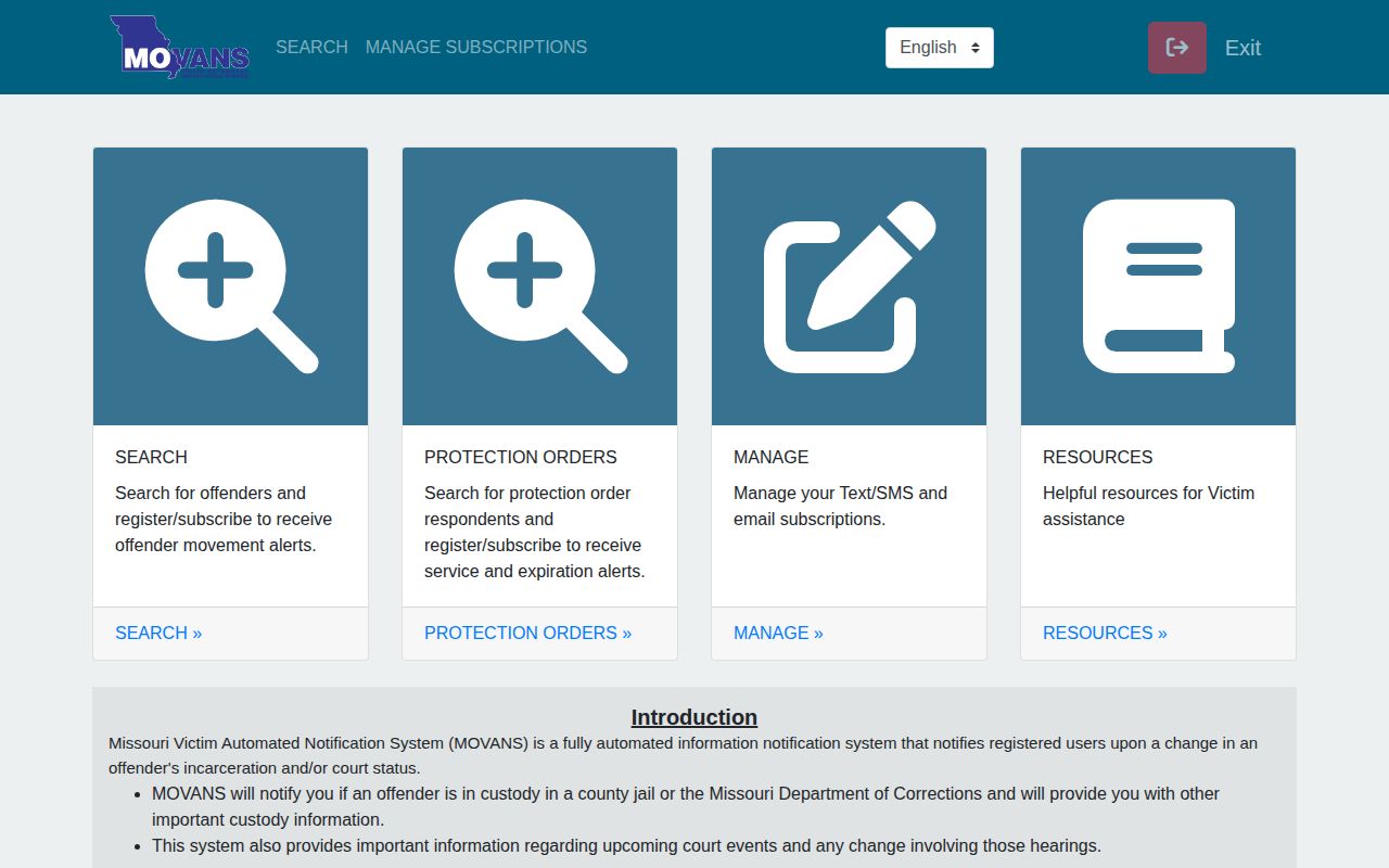Missouri MOVANS custody search and notification registration screen