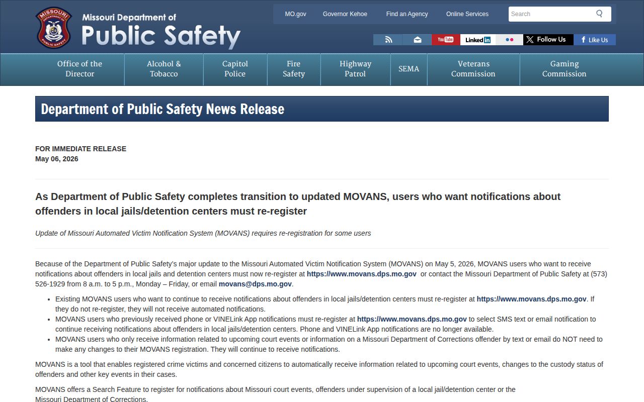 Missouri DPS notice about 2026 MOVANS local-jail registration changes