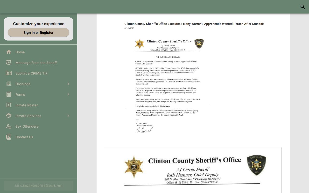 Clinton County Sheriff official news and updates interface