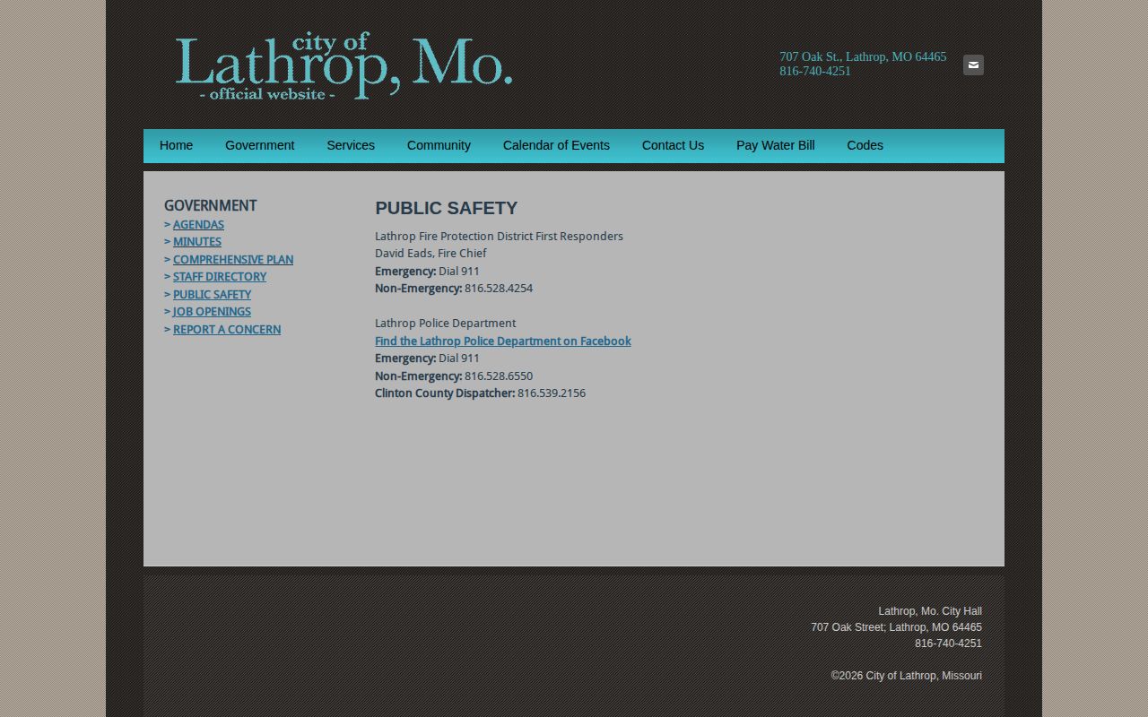 Official Lathrop public safety page with police and county dispatch contacts