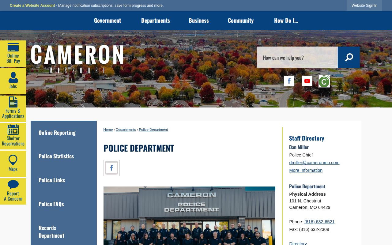 Official Cameron Police Department contact page for arrest report inquiries